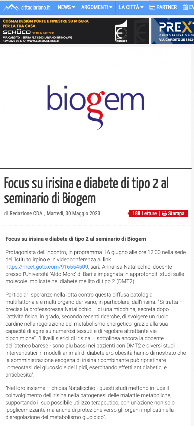 Focus su irisina e diabete di tipo 2 al seminario di Biogem